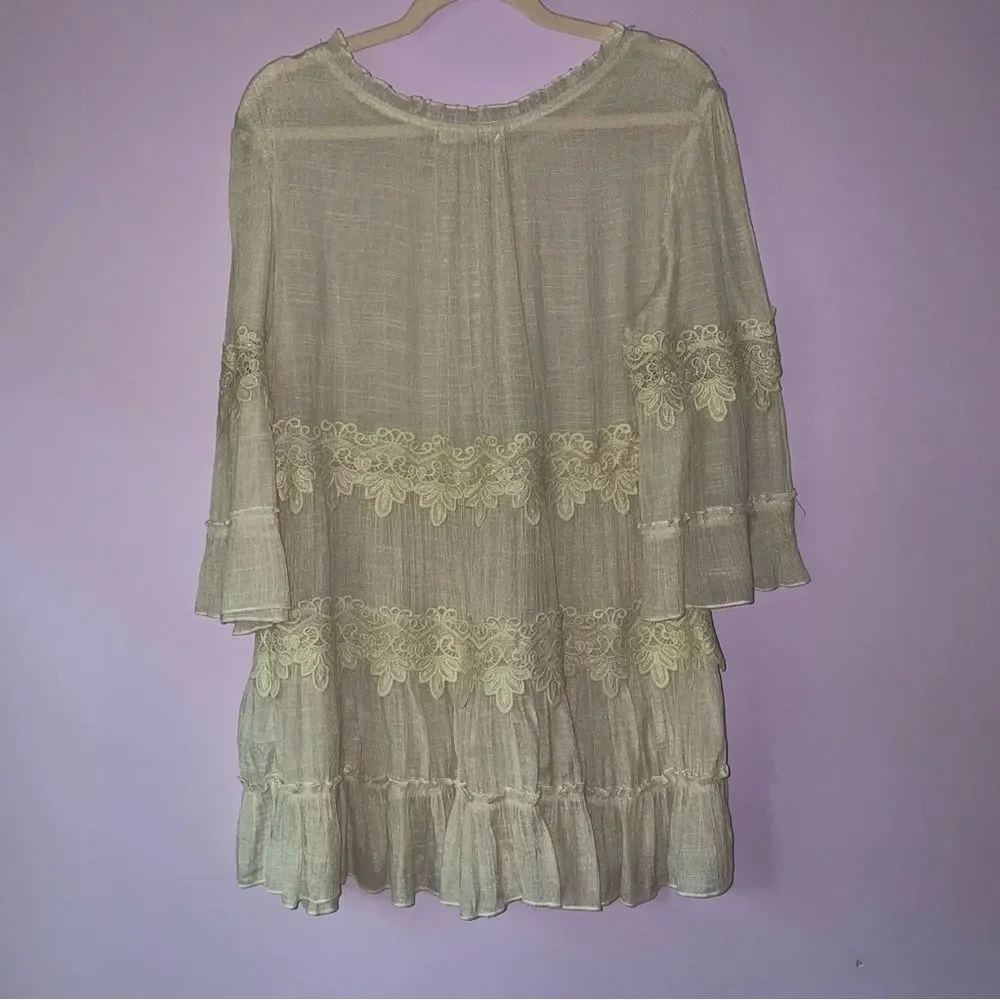 Indigo Soul M Blouse Tiered Gauzy High Neck Flounce Tan Cream